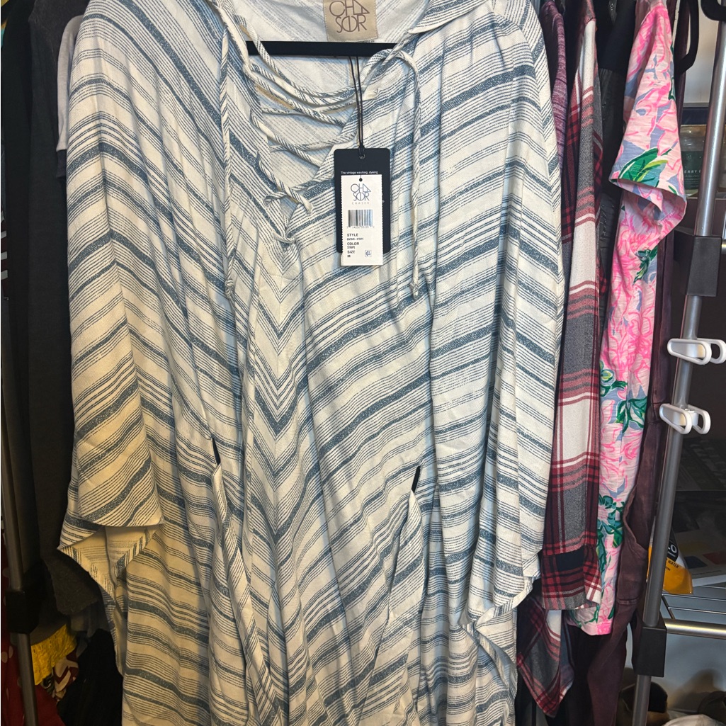 Chaser Gray And Blue Striped Poncho Dress